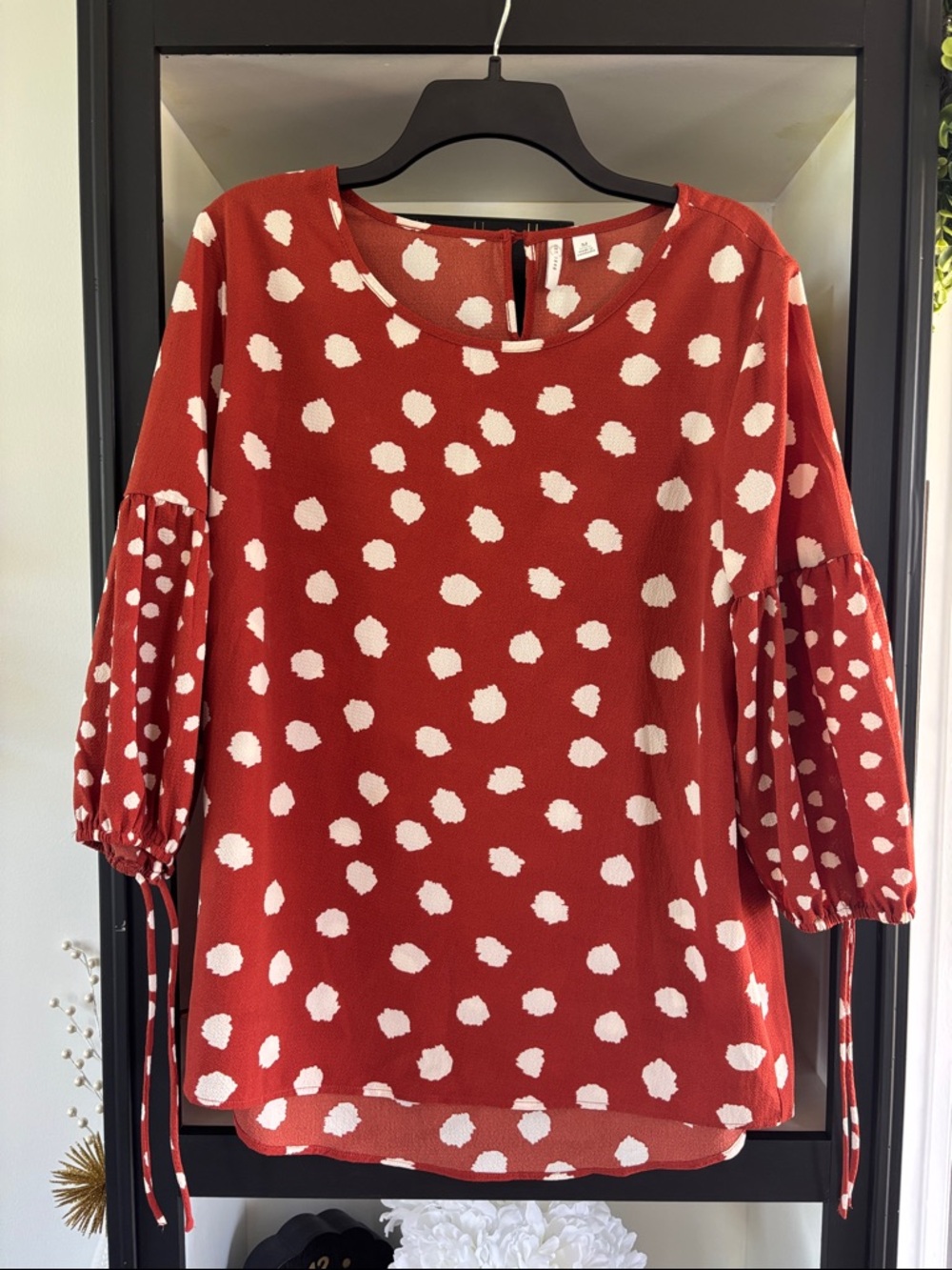 Cato Rust Red Polka Dot Tie-Sleeve Blouse
